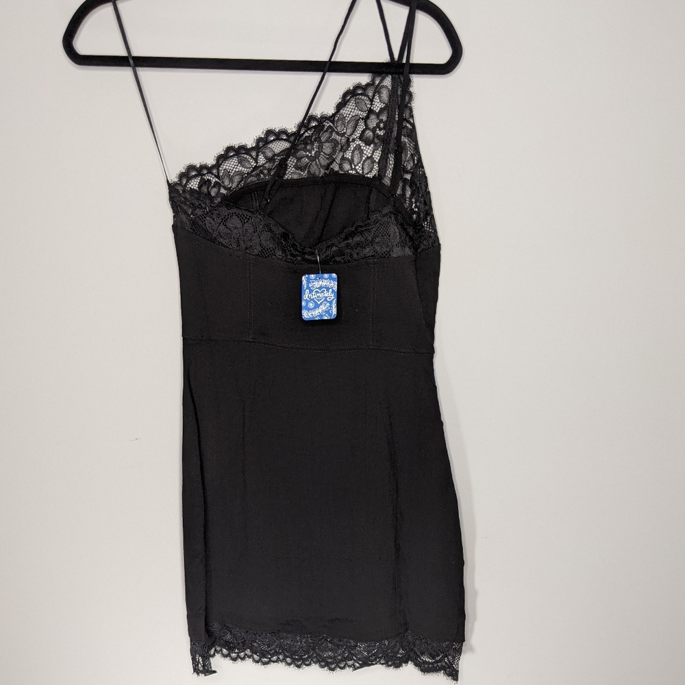 FREE PEOPLE • Black Premonitions One Shoulder Lace Bodycon Slip Dress NEW S / M - Picture 4 of 6